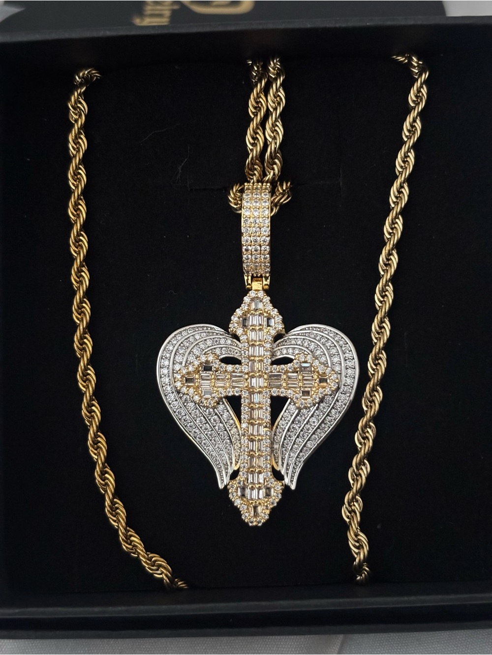 Gold & Silver Moissanite Heart Cross Pendant Necklace
